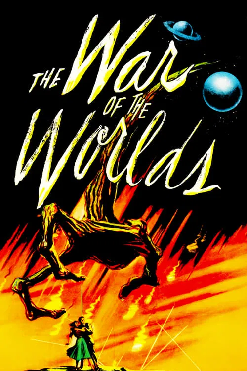 The poster depicts a dramatic scene with a lone figure in a green coat standing amidst fiery explosions and swirling cosmic debris. The title "The War of the Worlds" is prominently displayed in bold, yellow, gothic-style lettering against a black background. The overall mood is one of impending d...