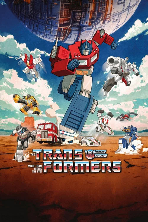 The Transformers poster features a dynamic scene with multiple robot characters in vibrant colors like red, blue, and yellow. The characters are posed in an action-ready stance, suggesting a thrilling adventure. The bold title and energetic composition convey excitement and anticipation for the s...