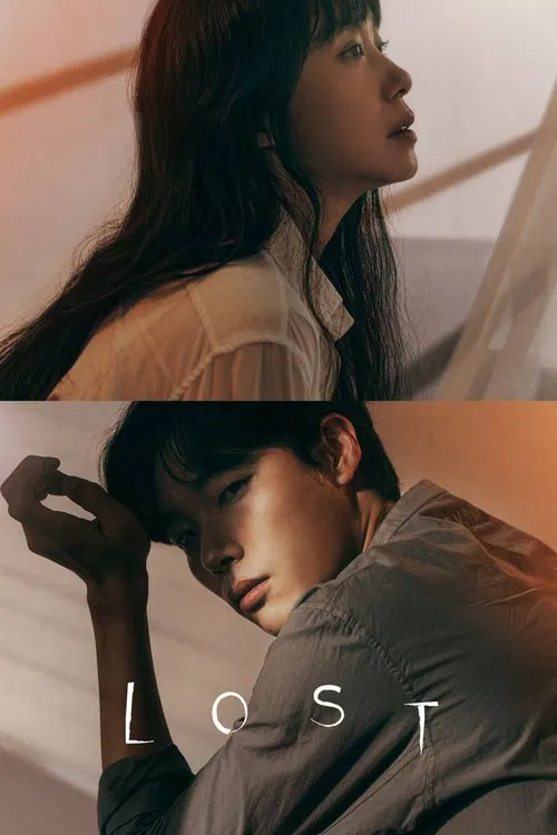 This TV show poster for "Lost" features a split image: a woman with long dark hair and a man in a gray shirt, both with a somber mood. The warm, muted tones and soft lighting evoke a sense of melancholy and nostalgia. The word "LOST" is prominently displayed in white text, emphasizing the show's ...