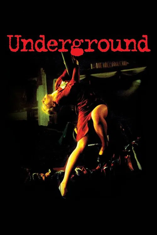 The poster features a dramatic scene with a woman in a red dress, her body contorted in motion against a dark background. The title "Underground" is prominently displayed in bold red letters at the top. The overall mood is intense and mysterious, evoking themes of danger and intrigue.