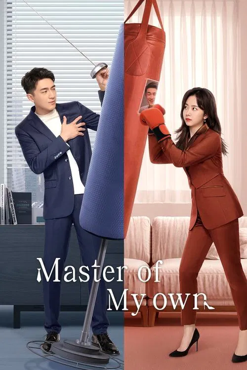 This TV poster features a man in a blue suit and a woman in a red suit training together with a large punching bag. The man looks focused while the woman demonstrates proper form. The colors are vibrant, with the blue suit contrasting against the red suit and the red punching bag. The mood is ene...