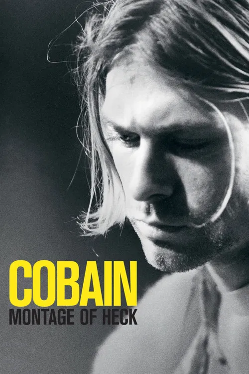 The poster features a close-up of a man with long hair, his expression intense and serious. The bold yellow text "COBAIN" stands out against the monochrome background, emphasizing the film's gritty and dramatic tone.