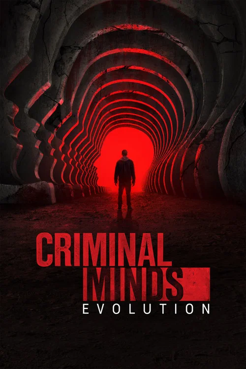 This TV show poster for "Criminal Minds" features six characters standing against a dramatic, stormy sky with a mysterious, swirling vortex below. The warm orange glow contrasts with the cool blues, creating an intense, suspenseful mood that hints at the show's thrilling mystery and high-stakes a...