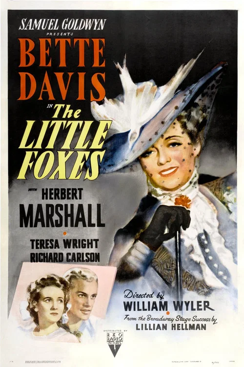 The Little Foxes poster features a glamorous woman in a black dress, exuding elegance against a backdrop of rich, warm curtains. The warm, golden lighting enhances the luxurious and mysterious atmosphere, while the title "The Little Foxes" is elegantly written in a cursive font.