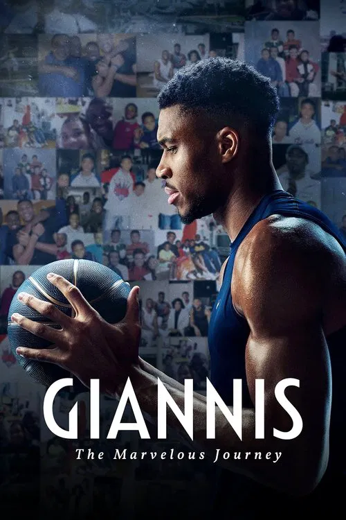 The poster features a muscular athlete in a blue tank top, holding a basketball, with a collage of diverse people in the background. The warm lighting and vibrant colors convey a sense of energy and passion. The title "Giannis" is prominently displayed in bold white letters, emphasizing the star'...
