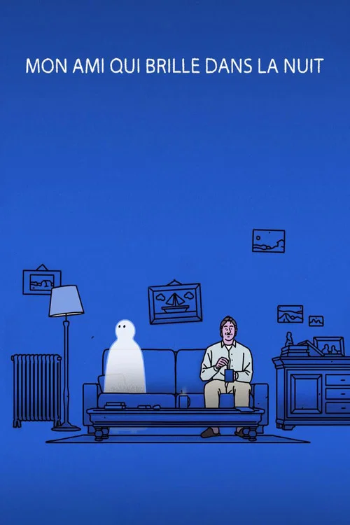 The poster features a man sitting on a couch with a ghostly figure beside him, set against a deep blue background. The mood is mysterious and slightly eerie, evoking a sense of solitude and introspection.