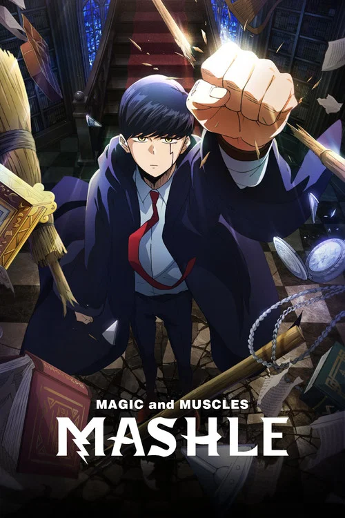 The poster features a determined young man with dark hair, holding a glowing fist against a backdrop of chaotic, colorful debris. The vibrant red and blue hues create a dynamic and energetic atmosphere, emphasizing the show's blend of magic and muscle.