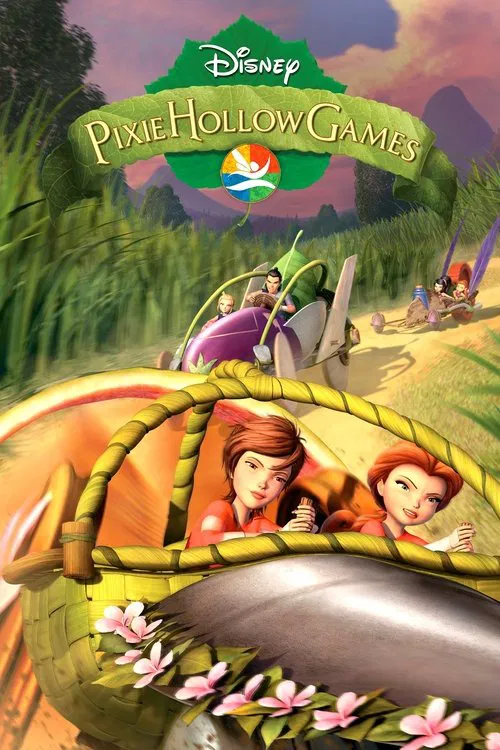 This Disney poster features a whimsical scene with a young girl in a basket, surrounded by colorful flowers and playful characters. The vibrant greens and purples evoke a magical, dreamlike atmosphere, capturing the essence of a fun-filled adventure.