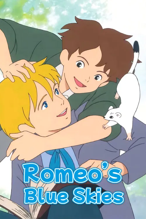 The poster features two animated characters, one with red hair and green jacket, and another with blonde hair and blue scarf, standing on a rooftop. The background shows a quaint village with colorful rooftops and distant hills. The mood is playful and adventurous, with warm tones and a sense of ...