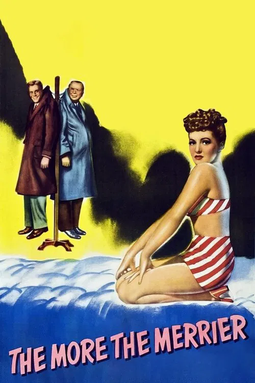 This vintage poster for "The More the Merrier" features a striking yellow background with two men in dark coats standing against a black silhouette, while a woman in a red-and-white swimsuit sits on a blue wave. The bold pink text at the bottom emphasizes the film's title, evoking a sense of nost...