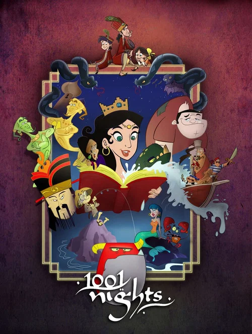 This vibrant poster features a central girl reading a magical book surrounded by fantastical characters in a whimsical fantasy setting. The rich purple and gold color scheme, along with the playful and adventurous atmosphere, evoke a sense of wonder and magic.