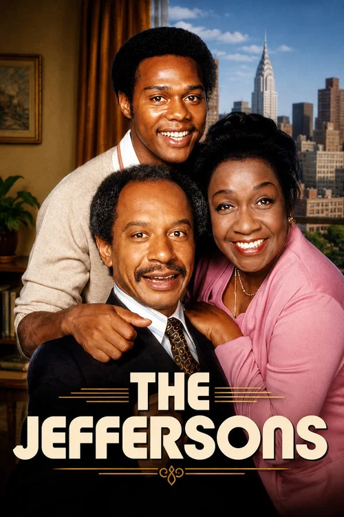 The Jeffersons poster features a man and woman with a warm, inviting mood against a green cityscape backdrop. The man wears a suit, while the woman sports a red top, creating a vibrant contrast. The poster's clean design and cheerful colors evoke a sense of nostalgia and comfort.