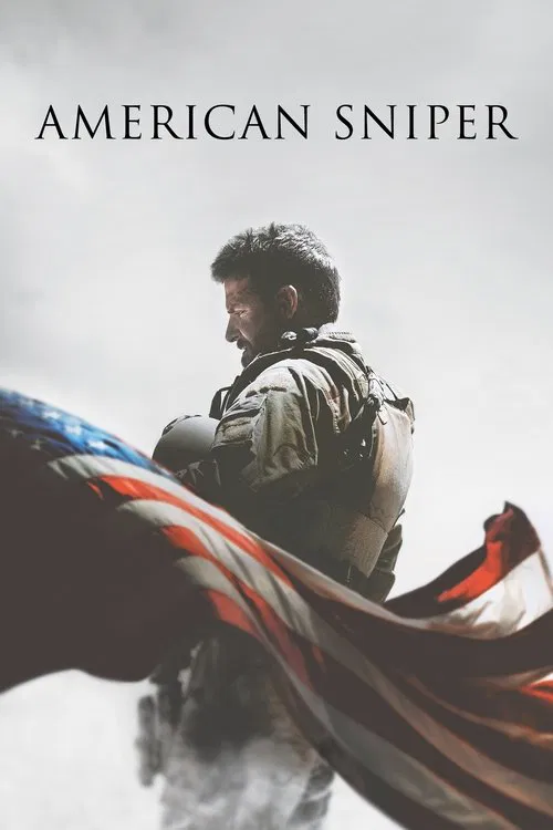 The poster features a soldier in tactical gear, holding a rifle, set against a stark white background. The muted earth tones of his uniform and the gritty texture of the image convey a somber, intense mood. The text "AMERICAN SNIPER" anchors the composition, emphasizing the film's serious tone an...