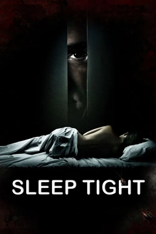 The poster features a dark, ominous scene with a person lying on a bed, their face partially obscured by shadows. Above, a menacing figure peeks through a vertical slit, creating a sense of suspense and danger. The color palette is dominated by deep blacks and grays, with a hint of red, enhancing...