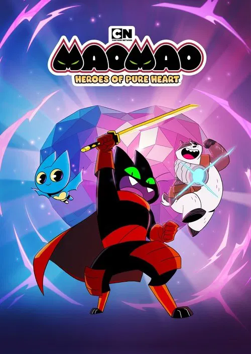 This vibrant poster features a dynamic scene with a black cat-like character in the center, surrounded by colorful characters including a blue cat, a white cat, and a purple cat. The background is filled with swirling purple and pink energy effects, creating an energetic and magical atmosphere. T...