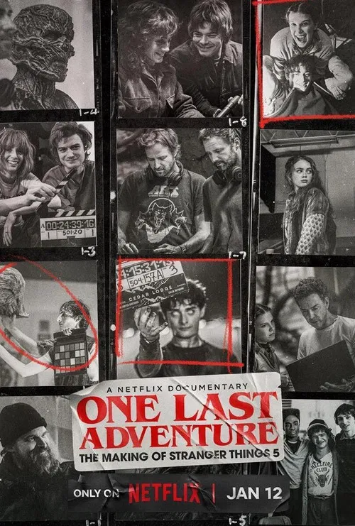 This black-and-white poster captures the gritty, nostalgic atmosphere of the Stranger Things franchise. The collage-style layout features iconic characters from the series, each highlighted with red boxes, emphasizing their presence and role in the film. The title, "One Last Adventure," is promin...