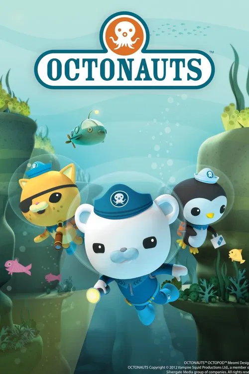 The poster features three octonauts in colorful, playful poses against a vibrant underwater backdrop. The bright blue and green hues create a cheerful, adventurous mood, while the skull emblem adds a touch of humor.