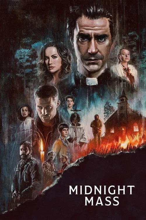 The poster features a dramatic, dark atmosphere with fiery explosions in the background, creating a sense of urgency and danger. The central figure, a stern man with a serious expression, dominates the upper portion, while smaller characters in period clothing suggest a historical or fantasy sett...