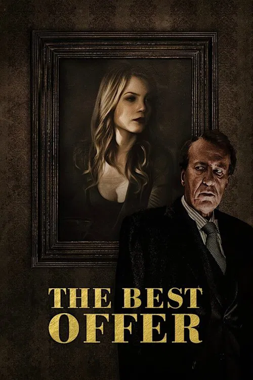 The poster features a dramatic portrait of a woman with long blonde hair, framed in an ornate dark border, set against a textured, sepia-toned background. In the foreground, a stern, weathered man in a dark suit and tie dominates the lower right, exuding authority and mystery. The title "The Best...