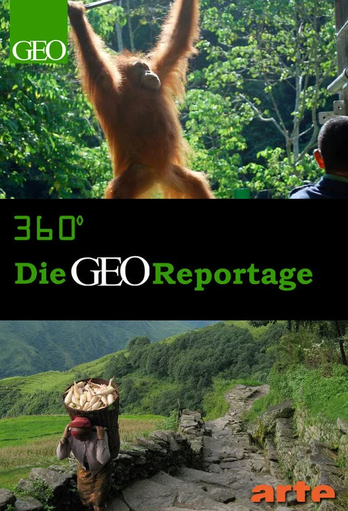 The poster features a vibrant jungle scene with a large orangutan reaching upward, surrounded by lush greenery. Below, a person carrying a bundle of leaves sits on rocky terrain, evoking a sense of adventure and exploration. The colors are rich and saturated, with greens, browns, and earthy tones...