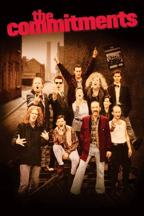 The Commitments poster features a group of young adults in a dimly lit urban setting, with warm, golden lighting casting shadows on their faces. The characters exude a mix of youthful energy and rebellious charm, with vibrant reds and blacks dominating the color palette. The mood is one of youthf...