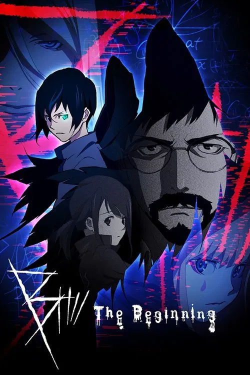 This poster features a dramatic anime-style scene with a young boy and a man in glasses, set against a dark, moody background. The colors are intense, with vibrant reds and purples creating a sense of urgency and mystery. The title "B: The Beginning" is prominently displayed, suggesting a story o...