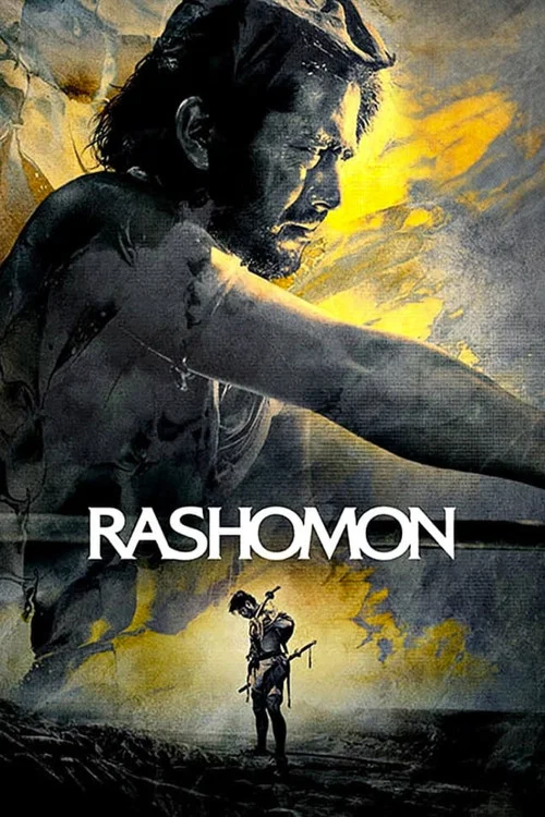 The poster features two men in a dramatic pose, one in the foreground and another in the background. The colors are muted with a blend of blues, whites, and grays, creating a somber and mysterious atmosphere. The title "RASHOMON" is prominently displayed in bold, vertical letters on the left side.