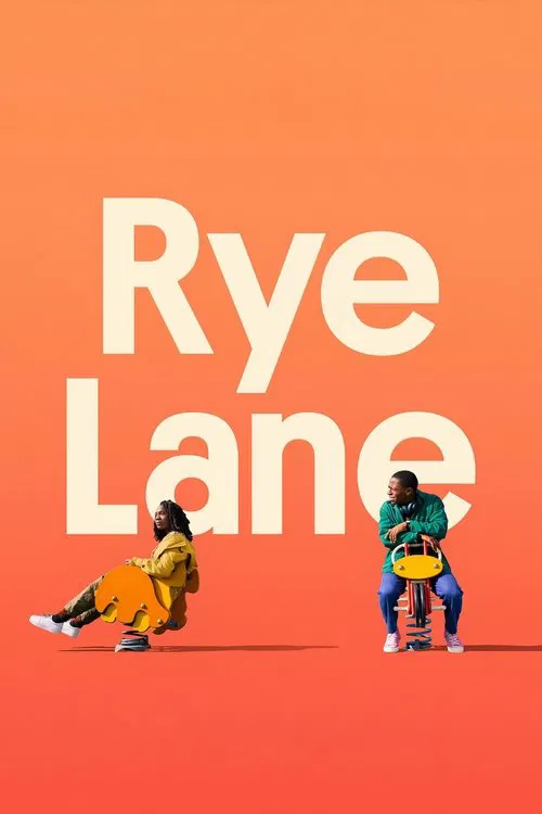 This vibrant poster features two figures in contrasting outfits against a warm orange background, evoking a playful and energetic mood. The bold typography and dynamic composition suggest a lively narrative.