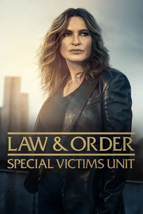 The poster features a woman in a leather jacket against a city skyline backdrop, exuding a serious and professional mood. The title "Law & Order: Special Victims Unit" is prominently displayed in gold lettering, emphasizing the show's focus on law and order while highlighting its unique perspecti...