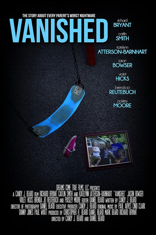 The poster features a hauntingly beautiful blue crescent moon against a dark background, evoking mystery and melancholy. The title "Vanished" is prominently displayed in bold white letters, accompanied by a small, eerie photograph of a person in shadow. The overall composition creates an unsettli...