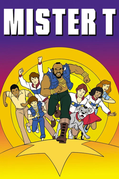 This vibrant poster features a group of colorful characters in dynamic poses against a cheerful yellow sunburst background. The bold purple and yellow color scheme creates a lively and energetic atmosphere, capturing the essence of the show's fun and adventurous spirit.