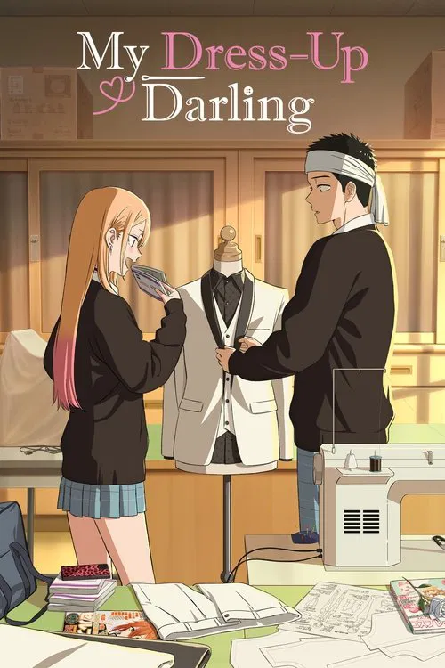 The poster features a vibrant anime-style illustration with a young man in a blue suit and a blonde girl in a plaid skirt, both smiling joyfully. The background is filled with colorful, abstract shapes and floating figures, creating a playful and energetic atmosphere. The title "My Dress-Up Darli...
