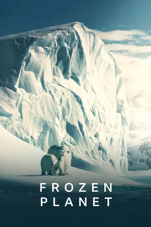 The poster features a breathtaking view of the Earth from space, with a frozen planet looming in the foreground. The icy landscape is rendered in cool blues and whites, evoking a sense of cold and mystery. The title "Frozen Planet" is prominently displayed in white text against the dark backdrop,...