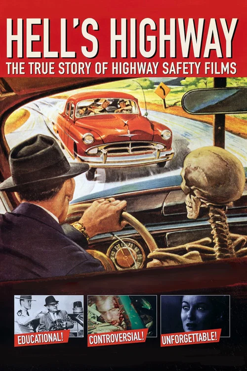 This movie poster features a dramatic scene with a man in a hat steering a car, while a skull sits beside him, suggesting a horror or thriller genre. The warm red and yellow tones evoke a sense of urgency and danger, with the title "Hell's Highway" prominently displayed at the top.