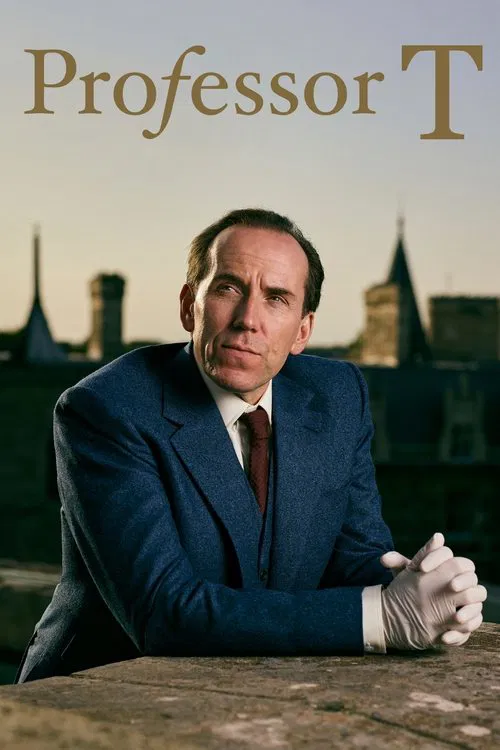 The poster features a man in a blue suit with white gloves leaning on a stone ledge, exuding an air of intellectual curiosity. The warm golden tones of the background contrast with the cool blue tones of his suit, creating a visually striking composition. The mood is one of scholarly mystery, inv...