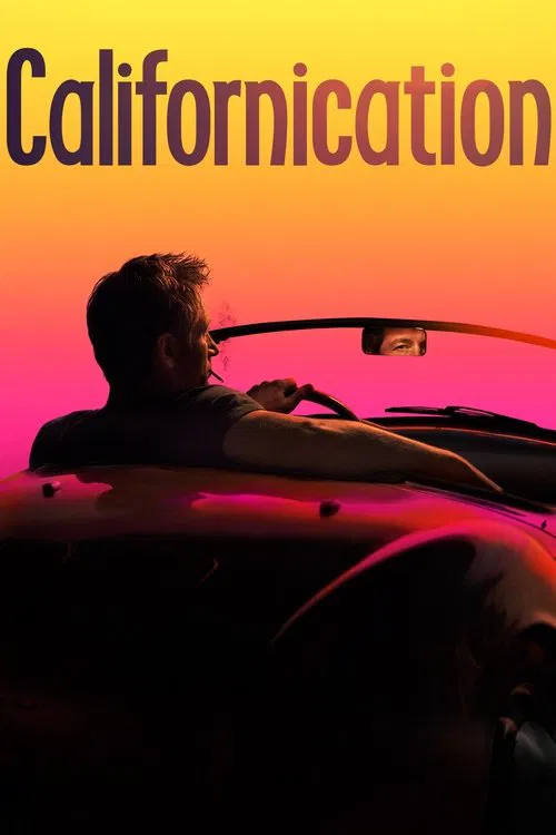 The poster features a silhouette of a person driving a convertible car against a vibrant sunset gradient. The warm colors evoke a sense of nostalgia and romance, capturing the essence of a romantic getaway in California.