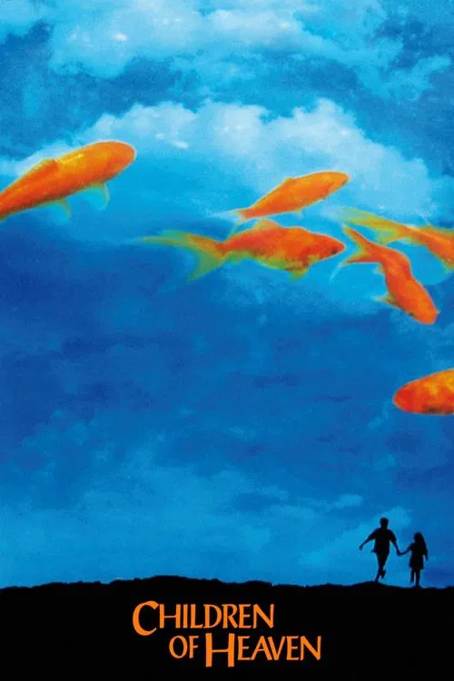 The poster features silhouettes of two children running against a vibrant blue sky filled with colorful koi fish. The warm orange and yellow hues of the fish contrast with the cool blue tones, creating a dreamlike atmosphere. The title "Children of Heaven" is elegantly displayed at the bottom, ev...
