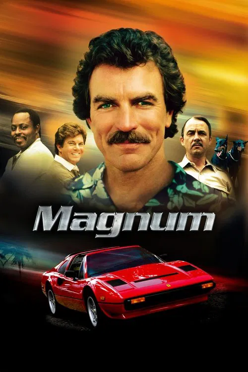 This TV show poster for "Magnum, P.I." features Tom Selleck as the main character, a rugged man with a mustache and red hair, holding a gun. The background showcases a dramatic sunset with palm trees, evoking a noir atmosphere. A red car and a man in a suit add to the classic crime drama feel. Th...