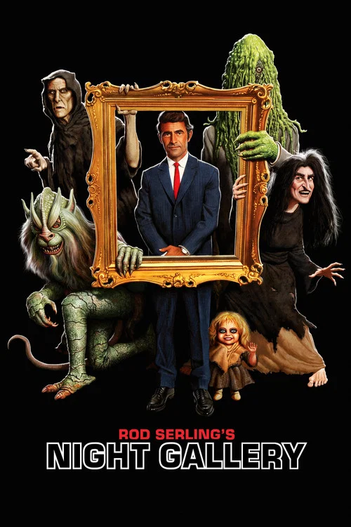 The poster features a dark, moody atmosphere with a spotlight illuminating a man in a suit, surrounded by framed images of eerie figures. The title "Night Gallery" is prominently displayed in bold, metallic letters against a deep blue background, evoking a mysterious and suspenseful mood.