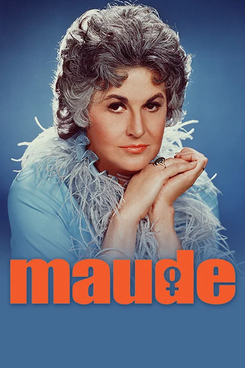 The poster features a grid of nine women's faces, each with distinct expressions ranging from playful to serious. The background is a vibrant mix of warm colors like red, yellow, and blue, creating a lively and inviting atmosphere. The title "Maude" is prominently displayed at the top in bold red...