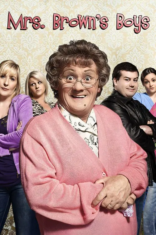 The poster features a cheerful, warm-toned scene with a central woman in a pink sweater and glasses, surrounded by a group of friends in colorful clothing. The mood is playful and inviting, with bright colors and a friendly atmosphere that suggests a fun, family-oriented sitcom.