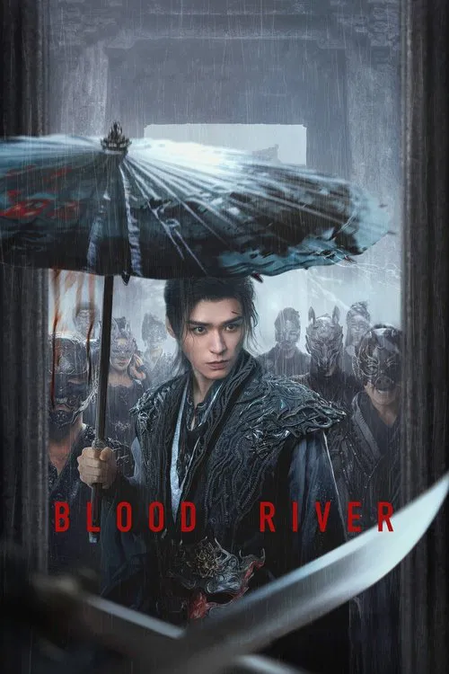 The poster features a dramatic scene with a man in dark, ornate armor holding a traditional umbrella against a stormy backdrop. The muted tones and shadowy figures evoke a somber, historical atmosphere, suggesting themes of conflict and tragedy.
