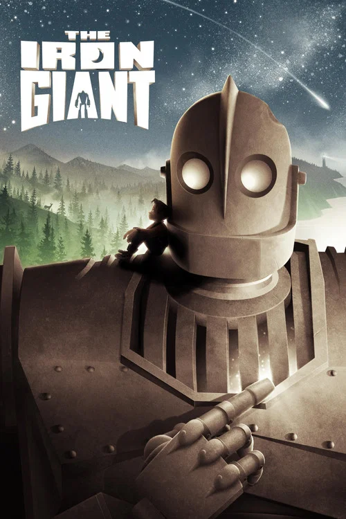 The poster features a giant humanoid figure in a metallic, rust-colored suit, with a small human figure perched on its shoulder. The warm, golden lighting casts a dramatic mood, emphasizing the contrast between the mechanical giant and the fragile human. The bold, white title "The Iron Giant" anc...