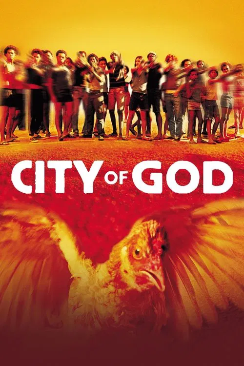 The poster features a group of diverse people standing in a line against a warm, golden background, evoking a sense of community and unity. Below them, a majestic phoenix with outstretched wings dominates the lower section, symbolizing rebirth and hope. The bold, red text "CITY OF GOD" anchors th...
