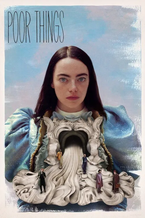 The poster features a striking portrait of a woman with long dark hair, wearing a voluminous blue gown that contrasts with the pale, frilly white dress she holds. The muted blue sky in the background adds a dreamlike, ethereal atmosphere. The composition exudes mystery and allure, hinting at the ...