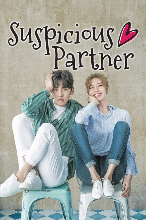 The poster features two young people sitting on a blue stool against a textured beige wall. The man wears a green jacket and white pants, while the woman dons a light blue shirt and jeans. Their expressions range from serious to playful, suggesting an intriguing relationship. The blue and white c...