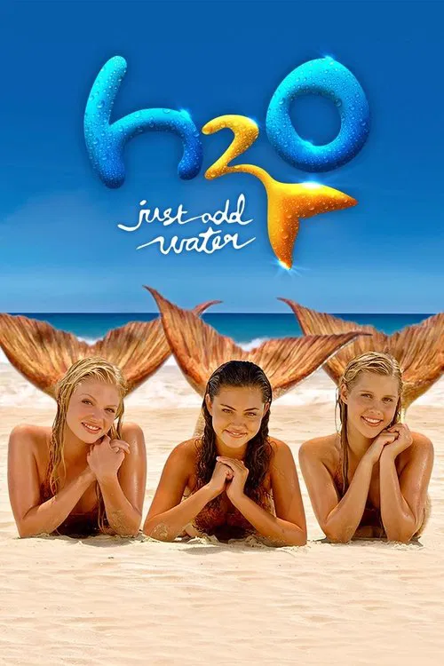 The poster features three women with mermaid tails lying on a sandy beach, their faces turned toward the viewer. The vibrant blue sky and turquoise ocean create a refreshing, dreamy atmosphere. The title "H2O: Just Add Water" is prominently displayed in playful, colorful lettering, emphasizing th...