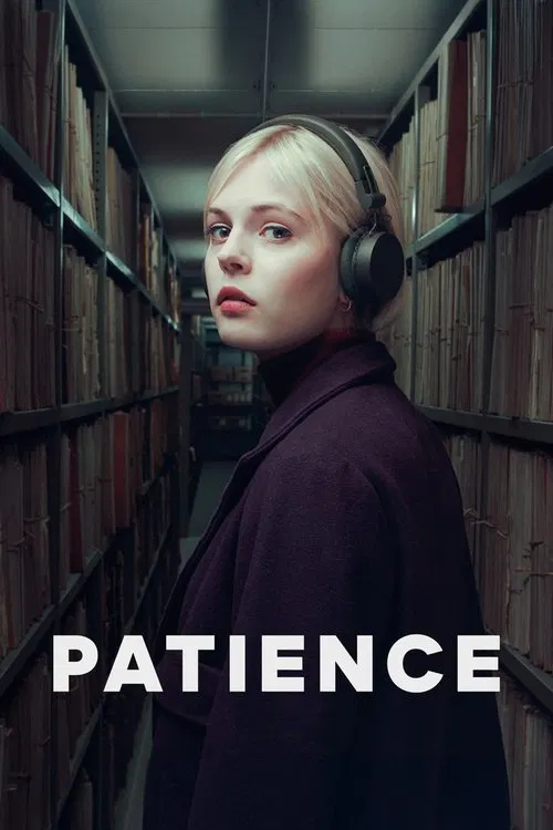 A woman with headphones stands in a dimly lit library aisle, surrounded by towering bookshelves. Her pale skin and intense gaze convey a sense of quiet determination. The dark purple tones of her coat and the muted lighting create an atmosphere of introspection and quiet resolve.