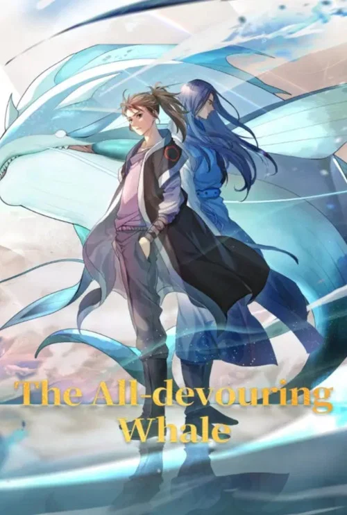 The poster features a group of animated characters in a dreamy, ethereal setting with soft blues and purples. The central figure stands prominently, while others float around him, creating a sense of wonder and mystery. The title at the bottom hints at an adventurous tale about a whale's journey.