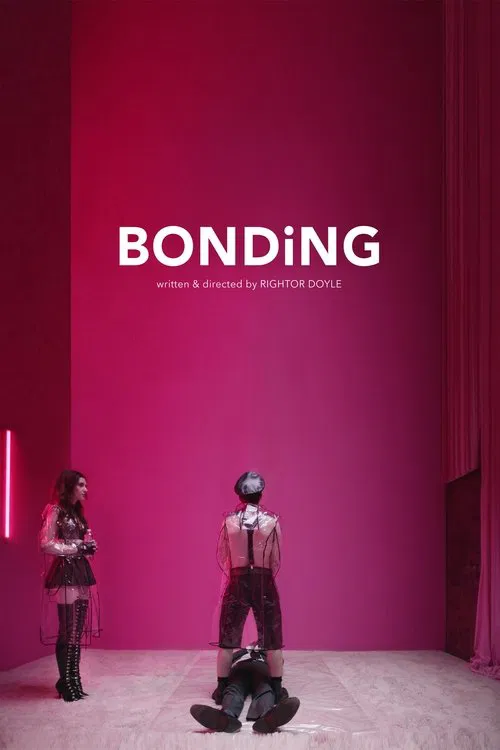 The poster features two figures against a vibrant pink backdrop, with one standing and the other kneeling, creating a tense yet intimate atmosphere. The bold white text "BONDING" anchors the image, while the muted tones of the figures and the soft lighting evoke a sense of mystery and emotional d...